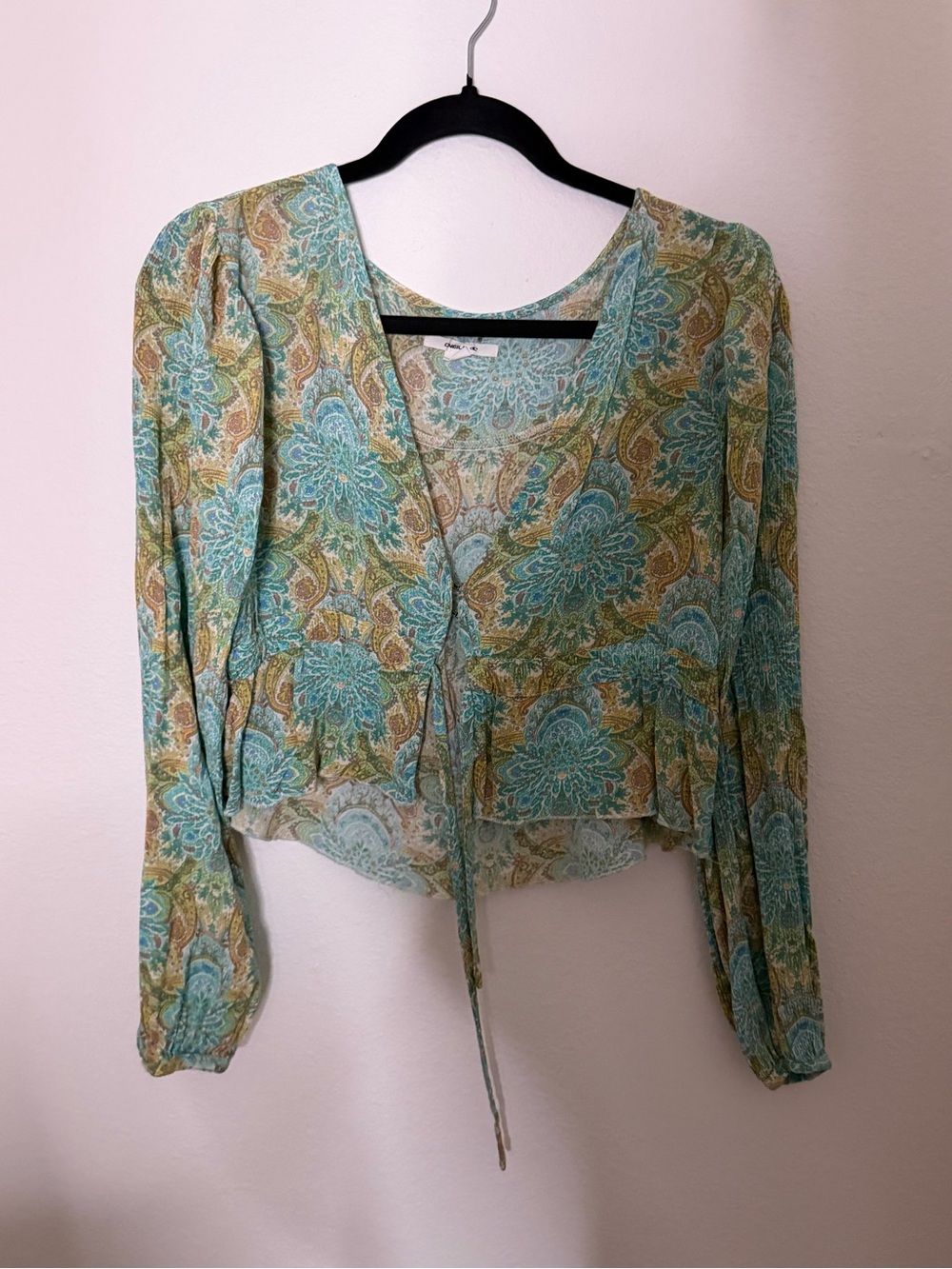 O'Neill Aqua & Gold Paisley Tie-Front Blouse